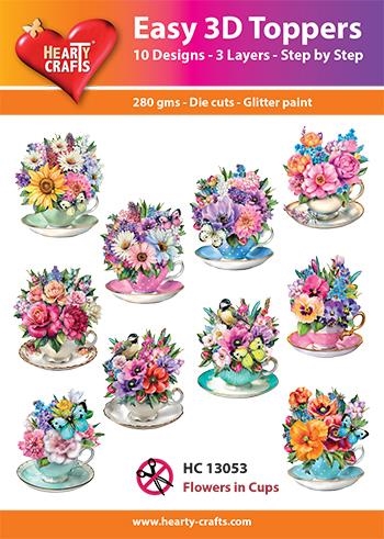 Easy 3D Toppers Flowers in cups 10 udstandsede motiver med glimmer